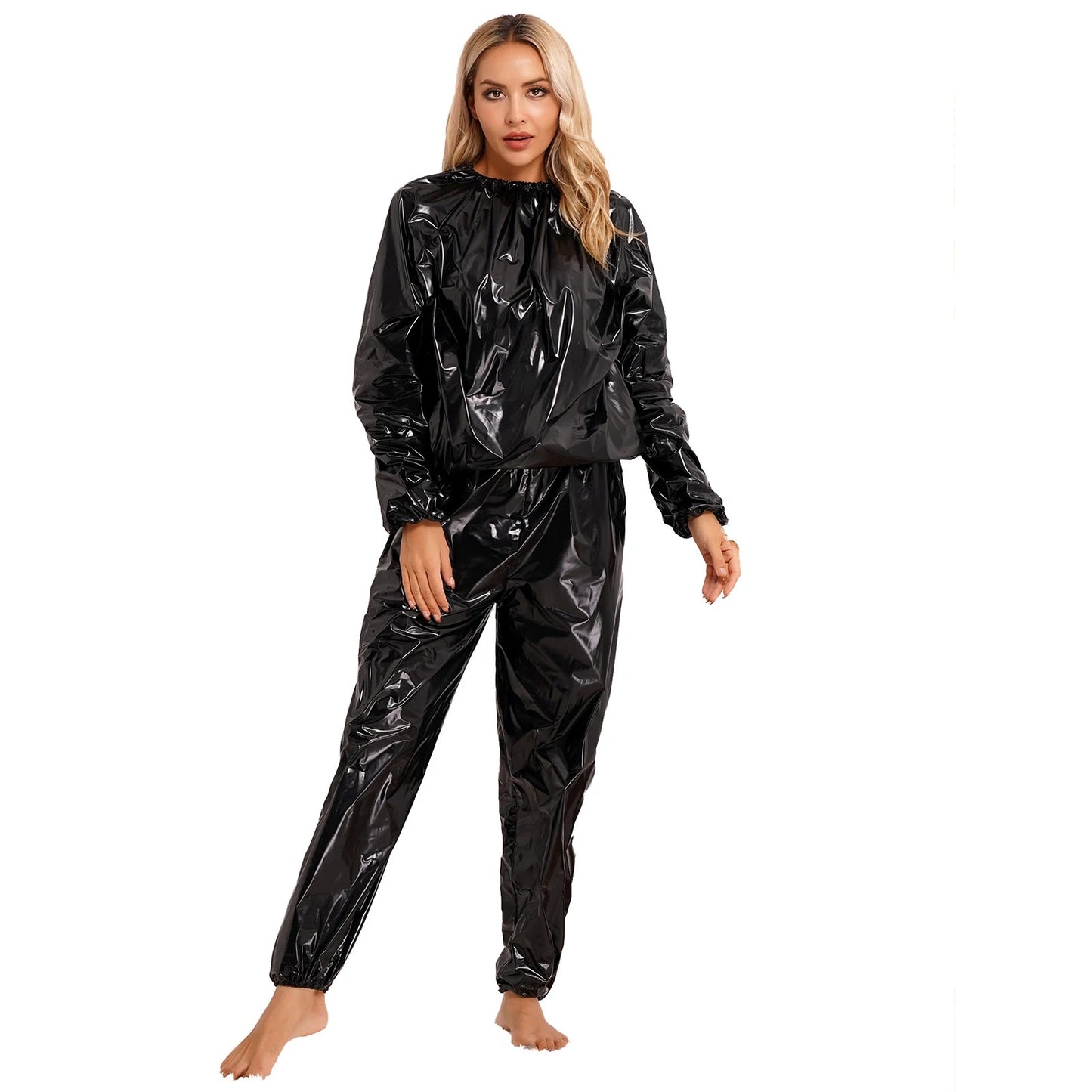 Men Women PVC Sauna Suit Long Sleeve Elastic Cuff Top Pants Set Weight Loss Sweat Suit Slimming Fitness Gym Jogging Workout Suit