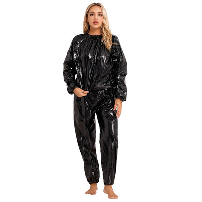 Men Women PVC Sauna Suit Long Sleeve Elastic Cuff Top Pants Set Weight Loss Sweat Suit Slimming Fitness Gym Jogging Workout Suit