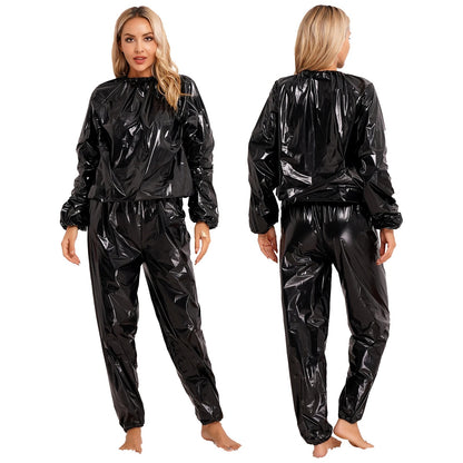 Men Women PVC Sauna Suit Long Sleeve Elastic Cuff Top Pants Set Weight Loss Sweat Suit Slimming Fitness Gym Jogging Workout Suit