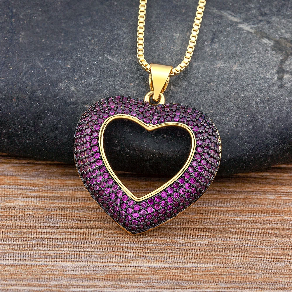 Heart Shape Hollow Crystal Zircon Pendant Link Chain Necklace for Women