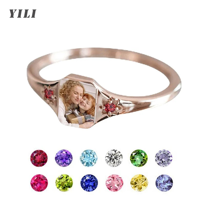 Custom Photo Ring, Personalized Birthstone Rings for Women