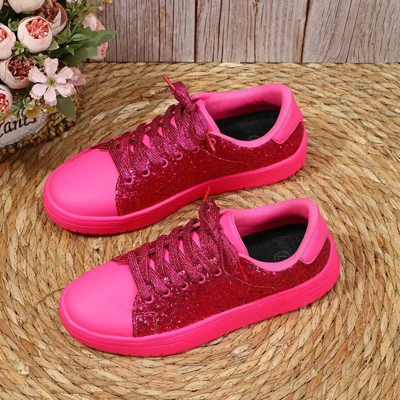 Women Sequins Sneakers Fashion Korean Style Lace Up Flat Shoes Thick Anti-slip