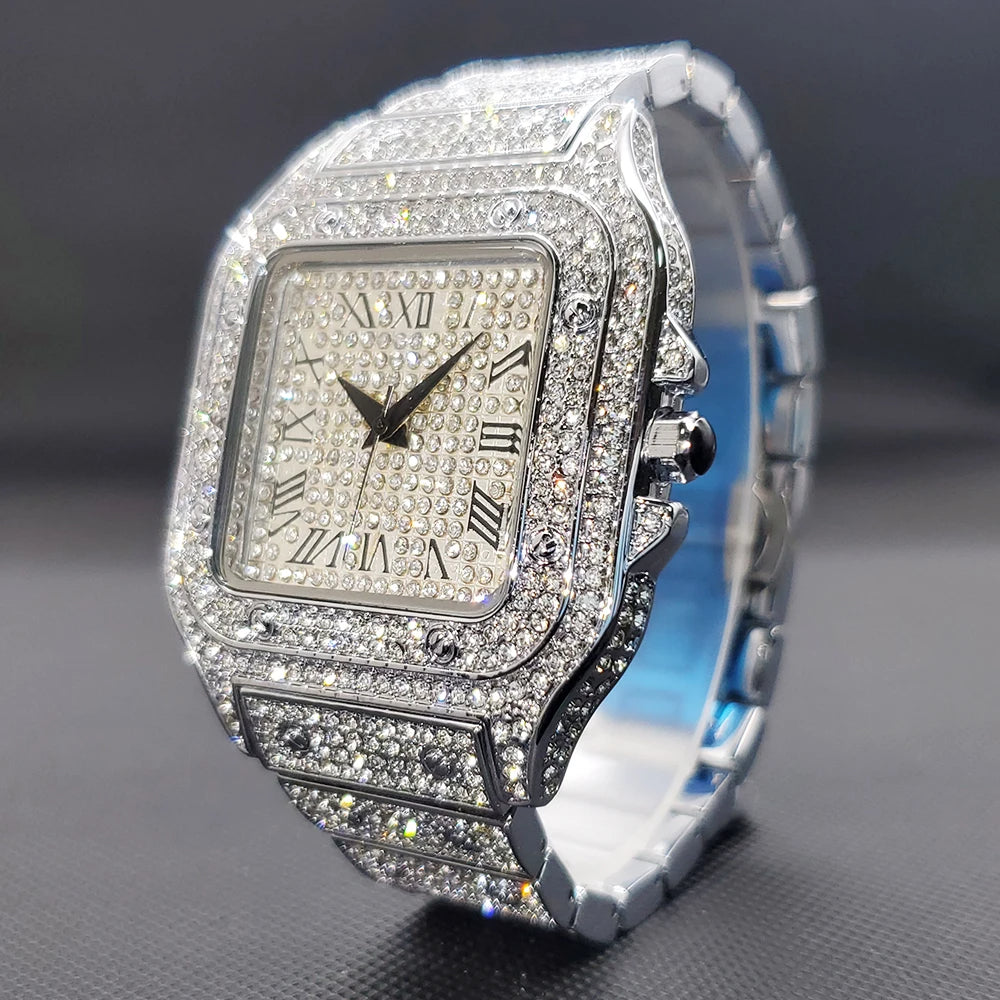 Quartz Wristwatches Iced Out Luxury Square with Full Diamond Unique