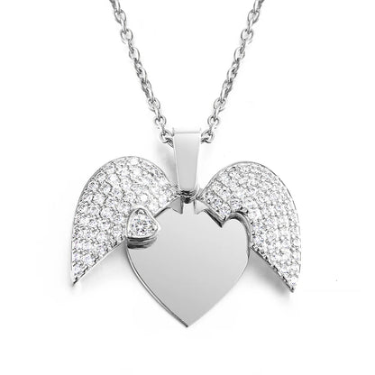 Personalized Women Chain Necklace Custom Engraved Heart Name Openable Heart Crystal Wings Pendant Neklace