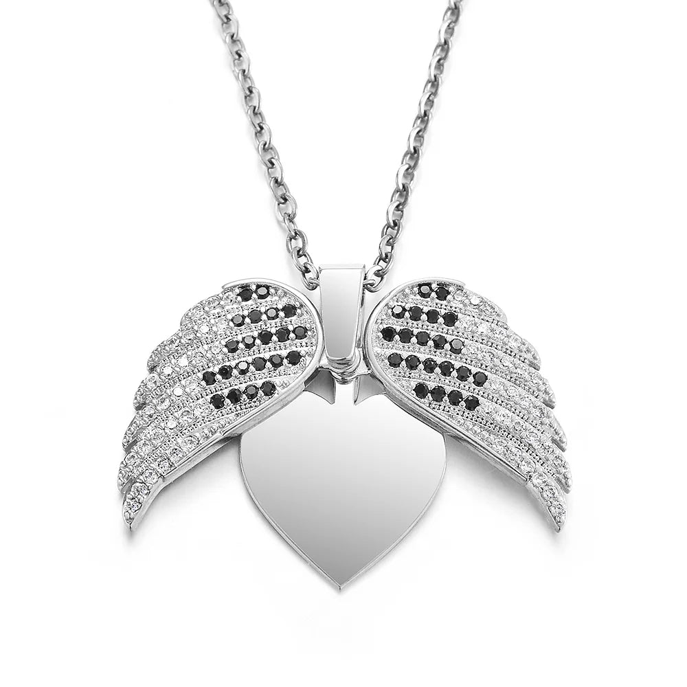 Personalized Women Chain Necklace Custom Engraved Heart Name Openable Heart Crystal Wings Pendant Neklace