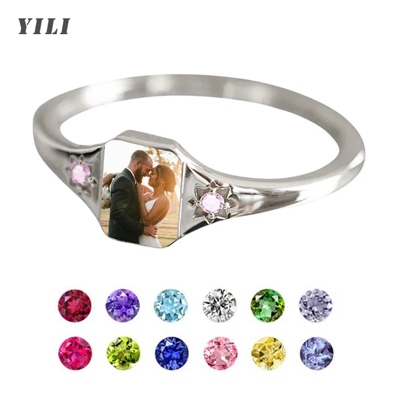 Custom Photo Ring, Personalized Birthstone Rings for Women