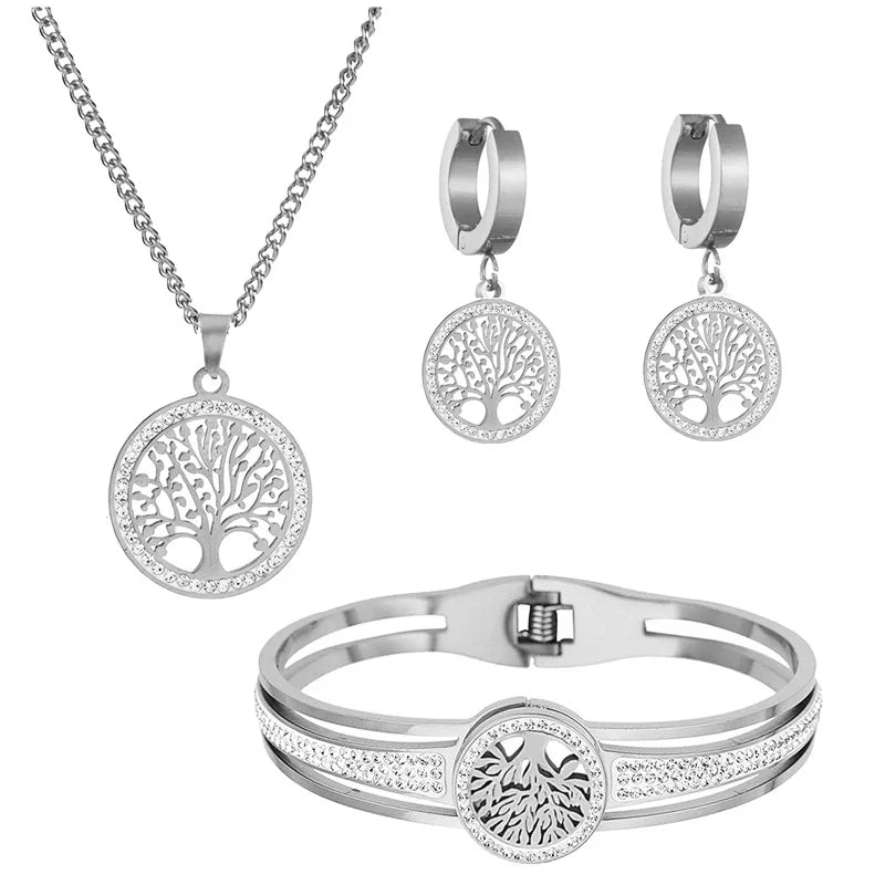 Stainless Steel Retro Hollow Inlaid Zircon Tree Of Life Peace Jewelry