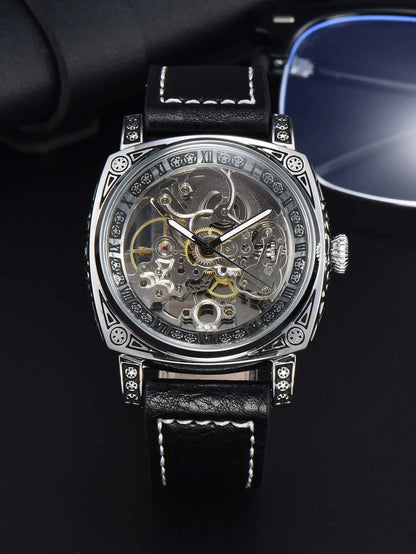 Retro Automatic Watch Mechanical Wristwatches Skeleton Waterproof Leather