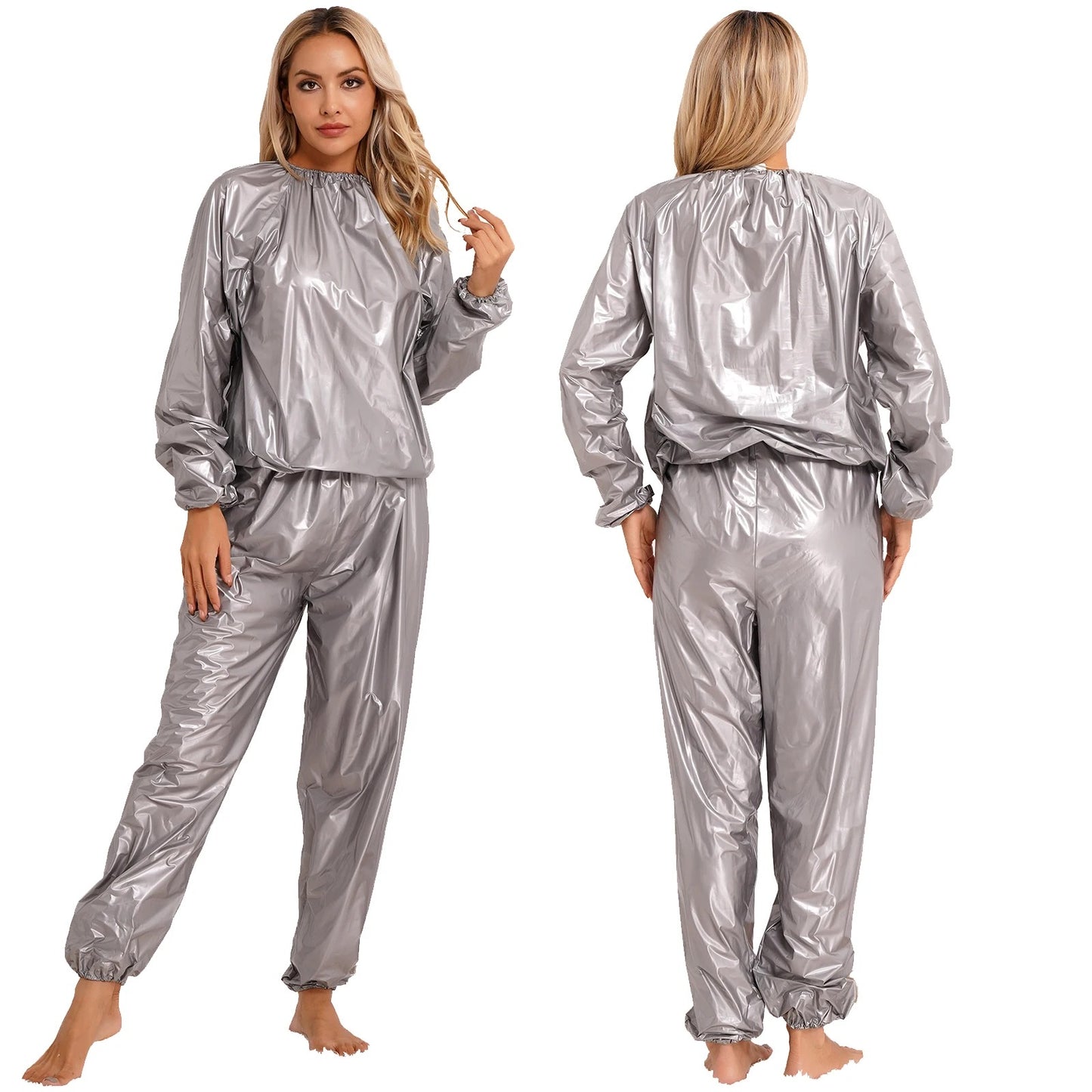 Men Women PVC Sauna Suit Long Sleeve Elastic Cuff Top Pants Set Weight Loss Sweat Suit Slimming Fitness Gym Jogging Workout Suit