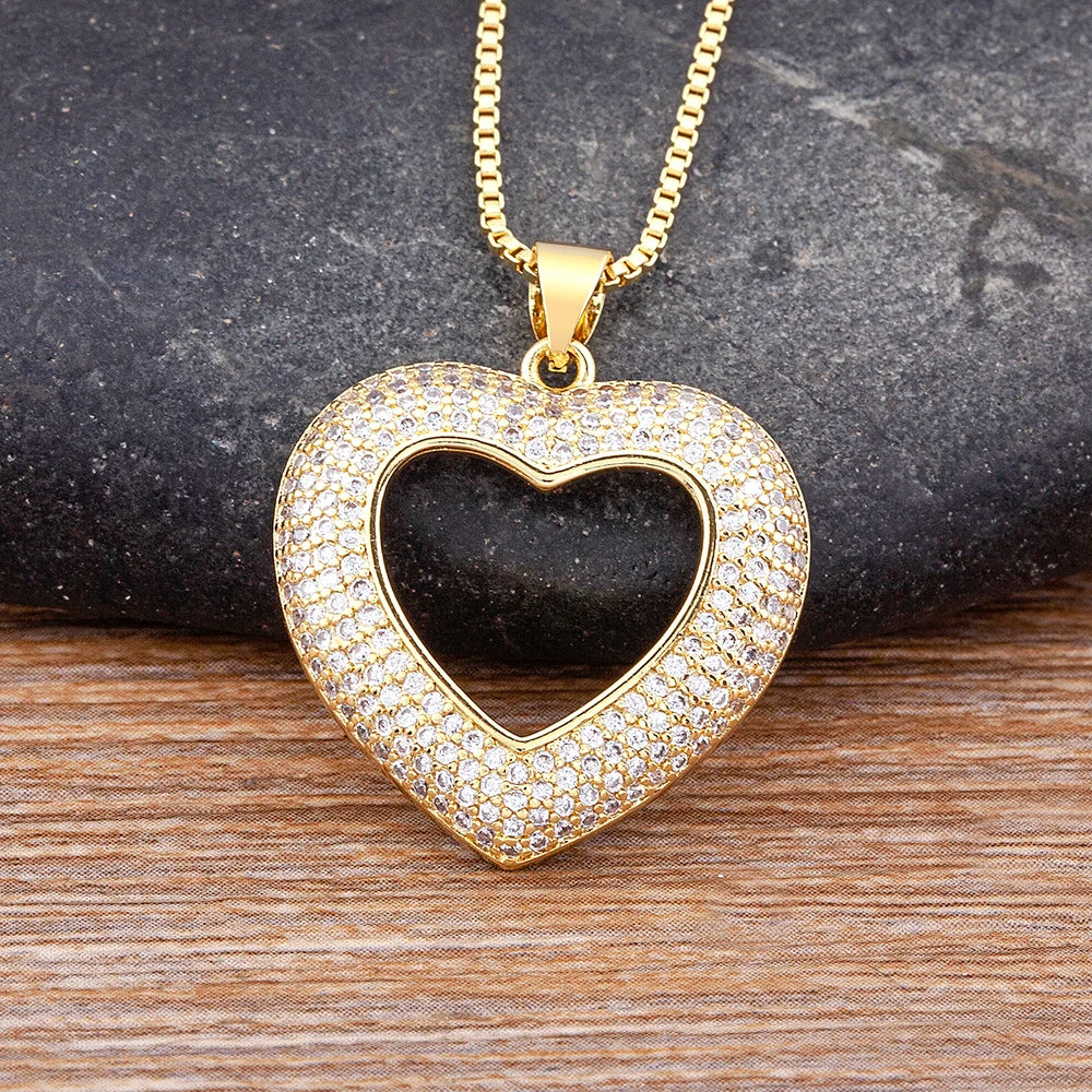 Heart Shape Hollow Crystal Zircon Pendant Link Chain Necklace for Women