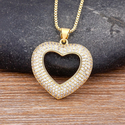 Heart Shape Hollow Crystal Zircon Pendant Link Chain Necklace for Women