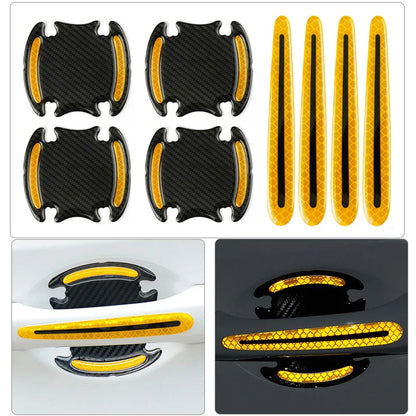 8PCS Car Door Bowl Handle Protector Safety Warning Anti-collision Anti-scratch Reflective Strip Exterior Protection